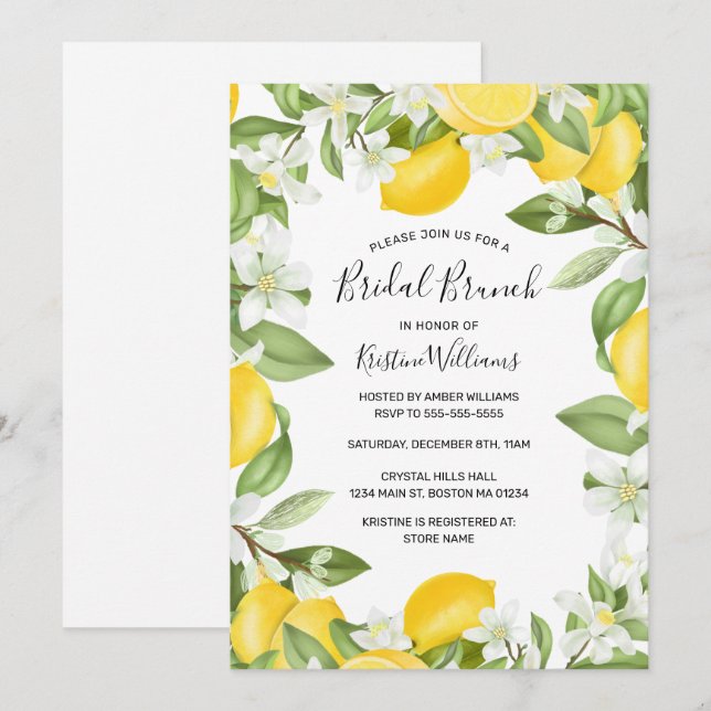 Invitation Élégant jaune citrons aquarelle Brunch nuptial (Devant / Derrière)