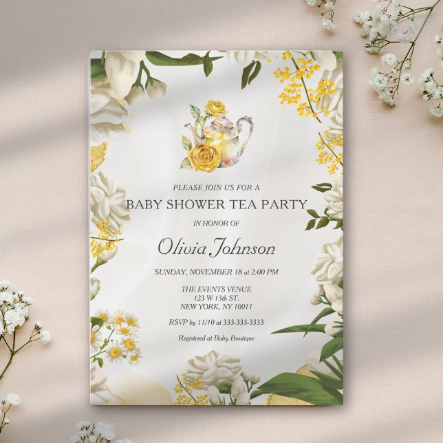 Invitation Elégant Jaune Vert Floral Tea Party Baby shower (Créateur téléchargé)