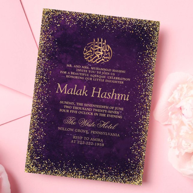 Invitation Élégant jaune violet bébé Aqiqa islamique (Créateur téléchargé)