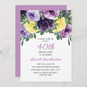 Invitation Élégant jaune violet fleuri 40e anniversaire