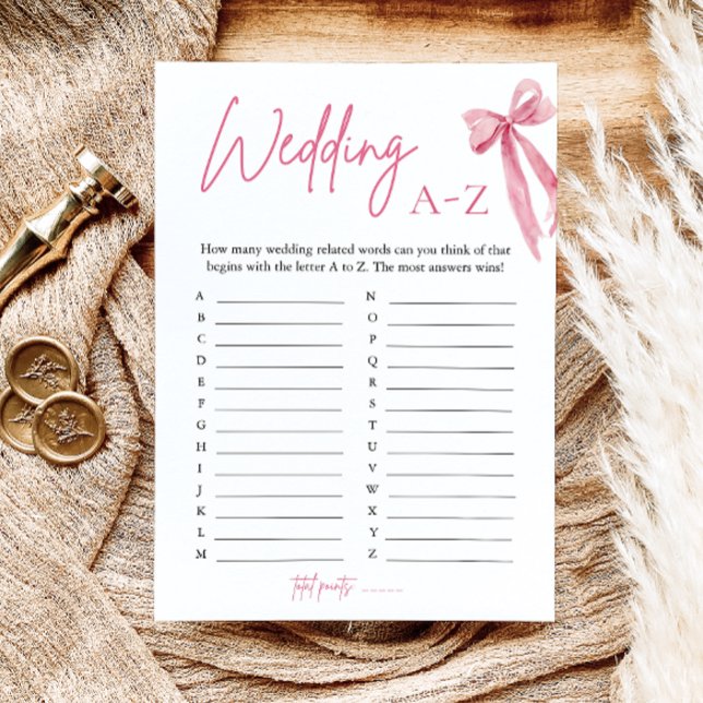 Invitation Élégant jeu de Fête des mariées A-Z Mariage de Bow (Elegant Pink Bow Wedding A-Z Bridal Shower Game)