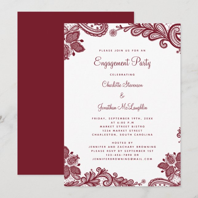 Invitation Élégant Jeu d'engagement de dentelle romantique Ro (Devant / Derrière)