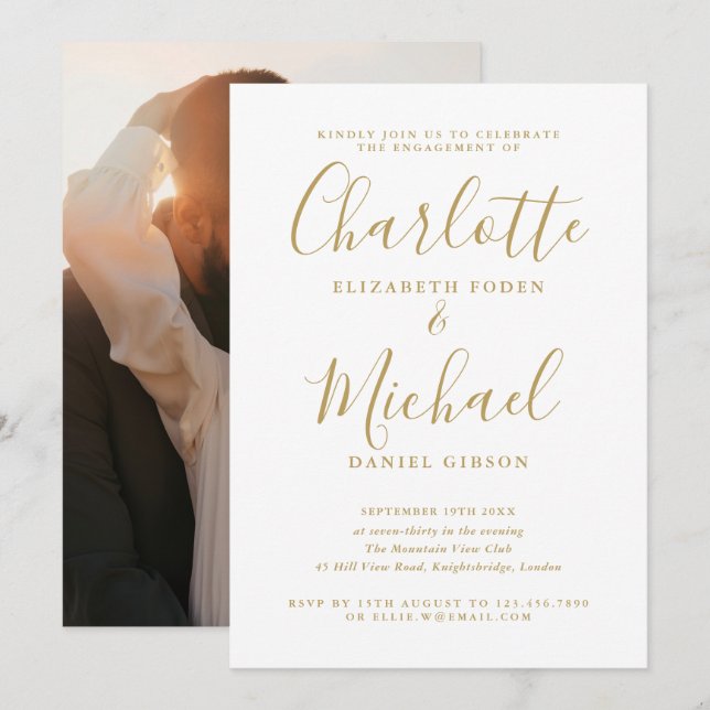 Invitation Elégant Jeu d'engagement photo de script or modern (Devant / Derrière)