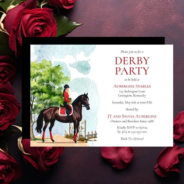 Invitation Élégant Jockey et Cheval de Course Derby Party (Elegant Girl Jockey in Red and Black and Race Horse Derby Party Invitation)