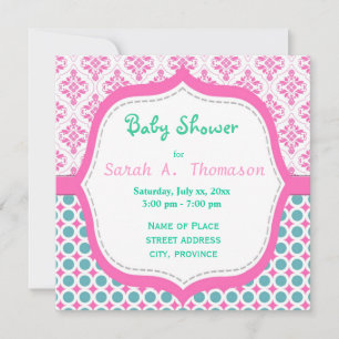 Invitation Elégant, joli baby shower rose, turquoise à fleurs