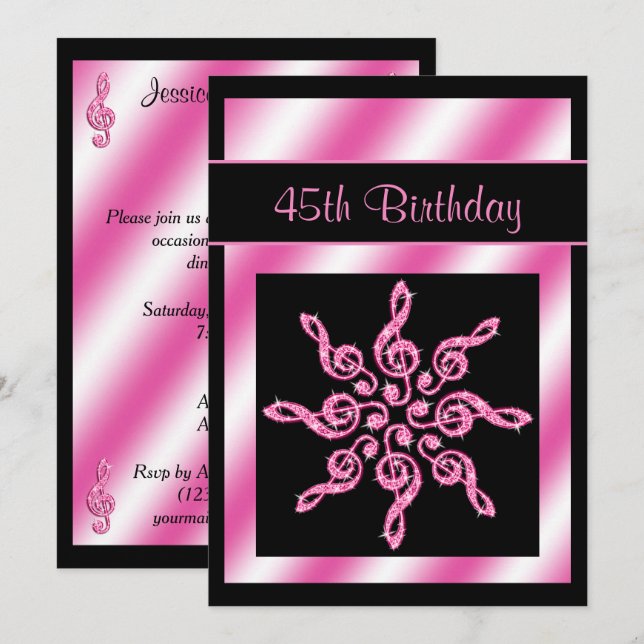 Invitation Élégant, Joli Cercle Rose De Musique 45e Anniversa (Devant / Derrière)