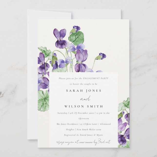 Invitation Élégant Joli Fiançailles d'aquarelle violet (Devant)