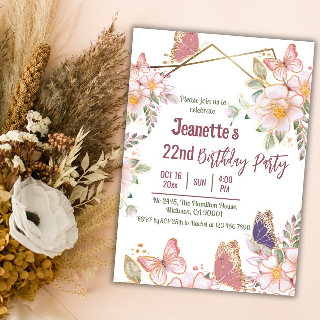 Invitation Elégant joli papillon rose floral 22e anniversaire (Créateur téléchargé)