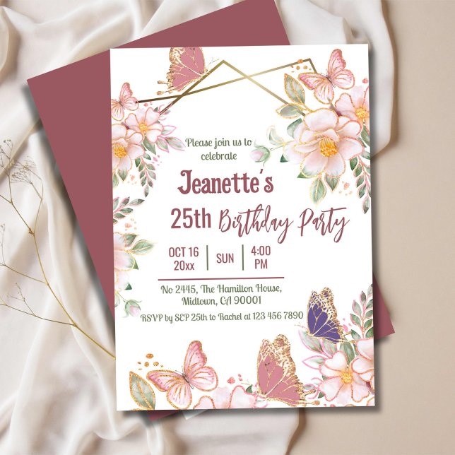 Invitation Élégant joli papillon rose floral 25e anniversaire (Créateur téléchargé)
