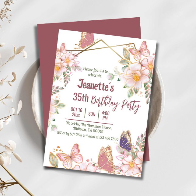 Invitation Elégant joli papillon rose floral 35e anniversaire (Créateur téléchargé)