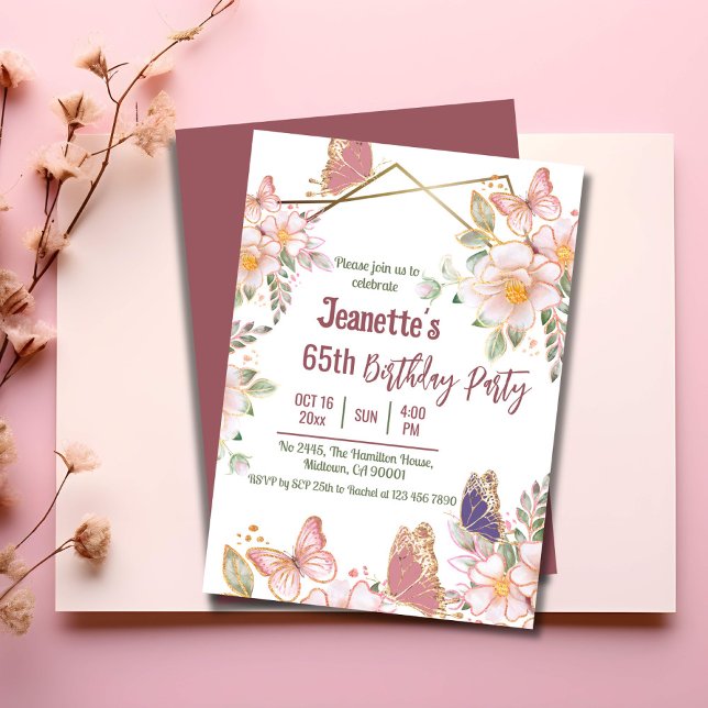 Invitation Élégant joli papillon rose floral 65e anniversaire (Front/Back )