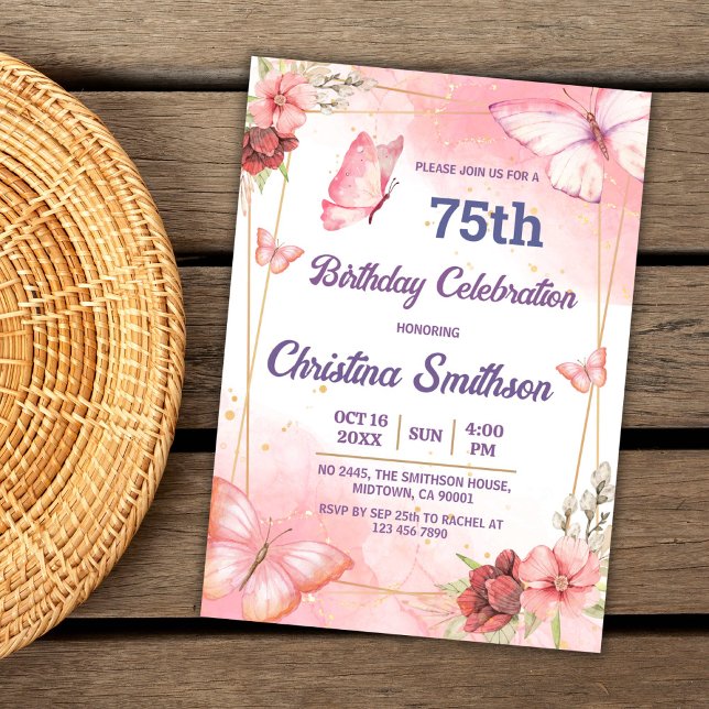 Invitation Elégant joli papillon rose floral 75e anniversaire (Créateur téléchargé)