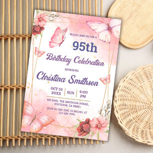 Invitation Elégant joli papillon rose floral 95e anniversaire