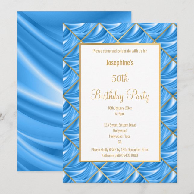 INVITATION ÉLÉGANT JOLIE BLEU SATIN GOLD ANNIVERSAIRE INVITAT (Devant / Derrière)