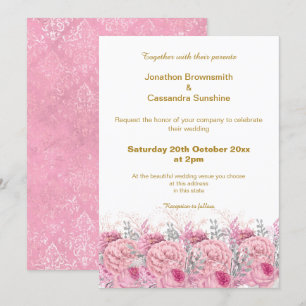 INVITATION ELÉGANT JOLIE ROSE MARIAGE DAMASSÉ FLORALE