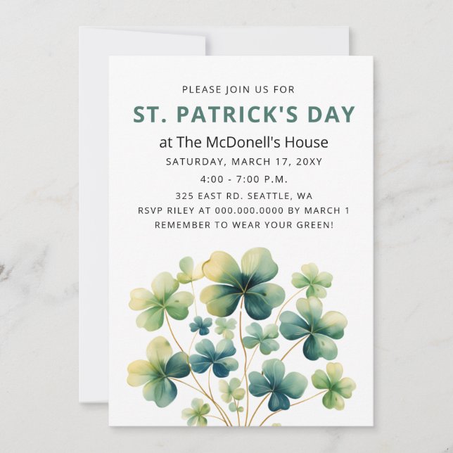 Invitation Élégant Jour de la Saint Patrick Shamrock de trèfl (Devant)