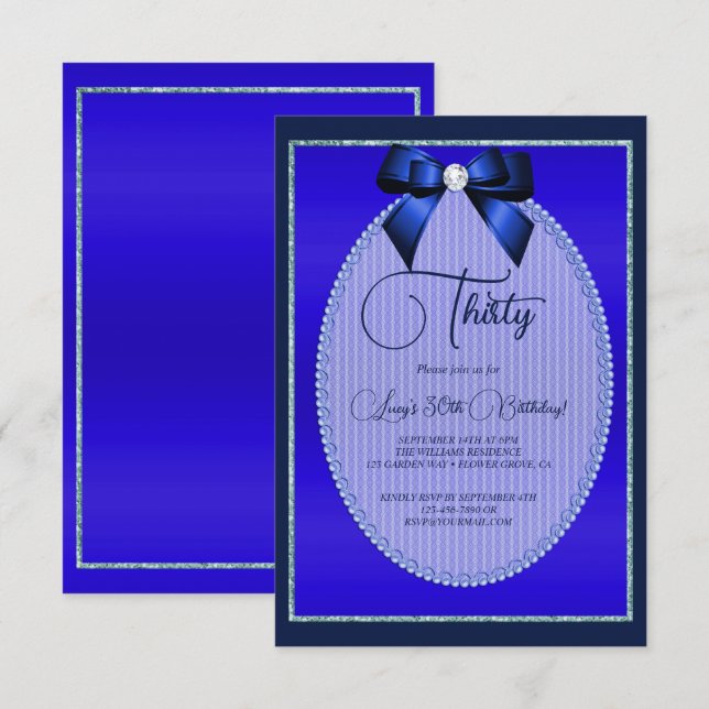 Invitation Elégant Joyau Bleu Bow Anniversaire (Devant / Derrière)