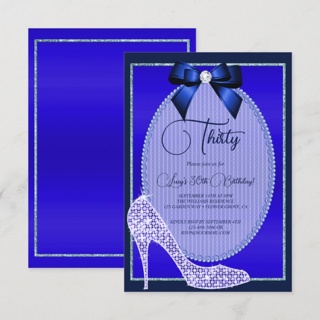 Invitation Elégant Joyau bleu Bow & Stiletto Anniversaire (Devant / Derrière)