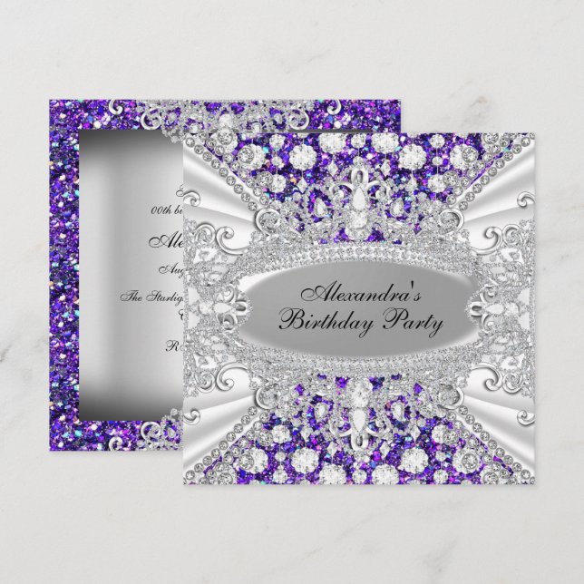 Invitation Elégant Joyau de Diamant Violet Anniversaire Invit (Devant / Derrière)
