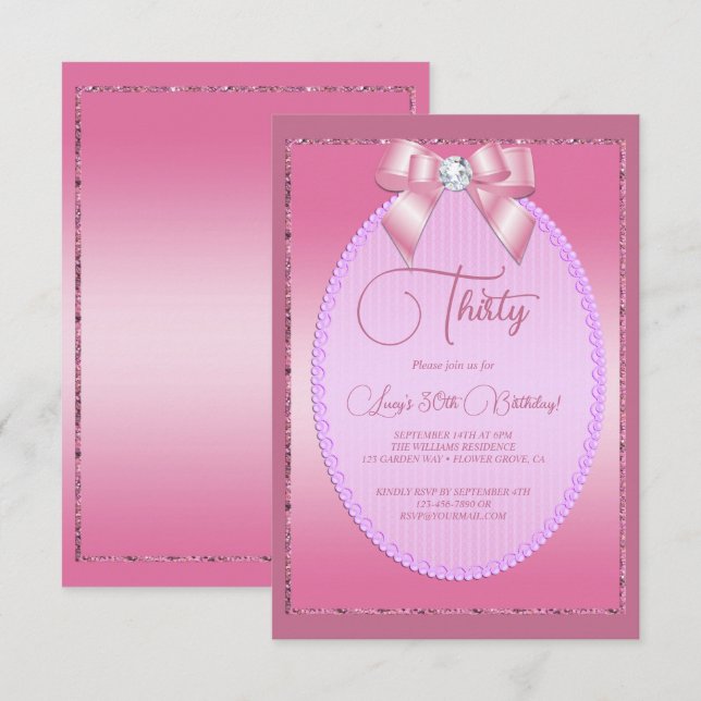 Invitation Elégant Joyau rose Diamond Bow Anniversaire (Devant / Derrière)