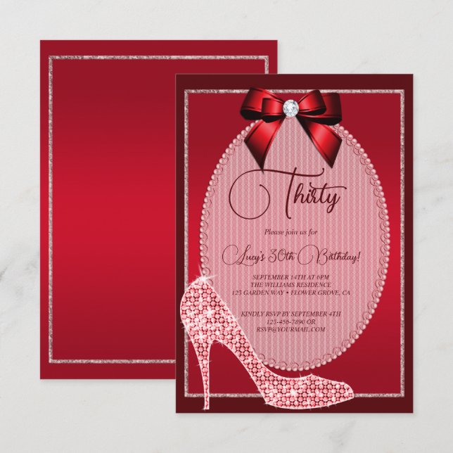 Invitation Elégant Joyau Rouge Bow & Stiletto Anniversaire (Devant / Derrière)