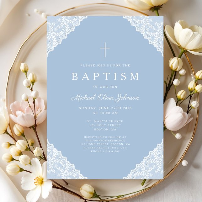 Invitation Elegant Lace Blue Baby Boy Baptism (Elegant Lace Navy Blue Baby Boy Baptism Invitation)