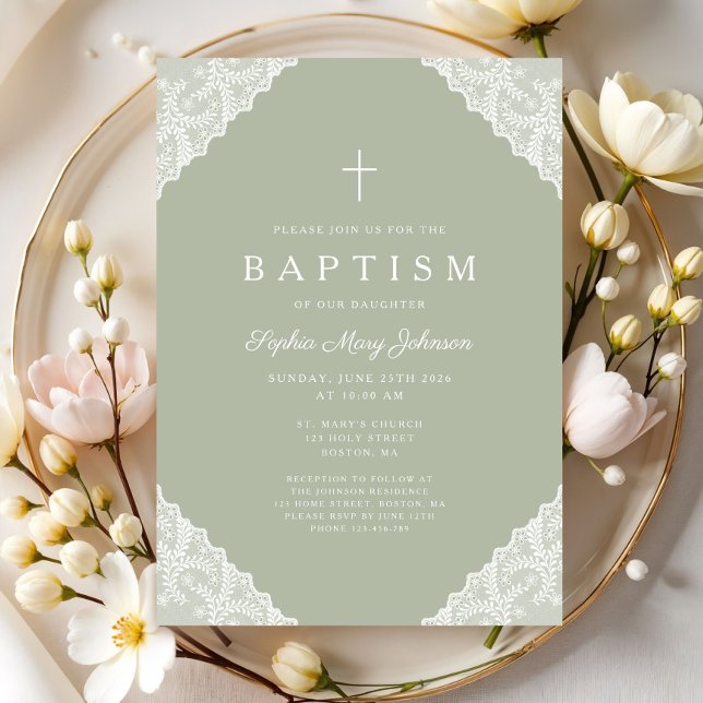 Invitation Elegant Lace Sage Green Baptism (Elegant Lace Sage Green Baptism Invitation)