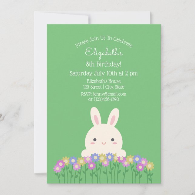 Invitation Élégant lapin mignon et fleurs Sage Vert Anniversa (Devant)