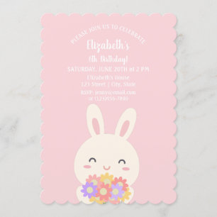 Invitation Élégant lapin rose mignon et fleurs Fille Annivers