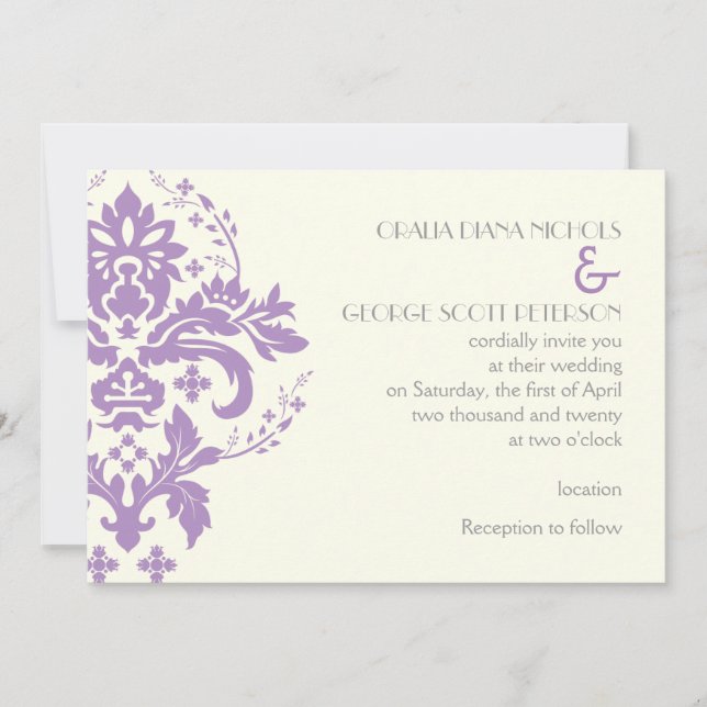 Invitation Élégant lavande damassé, gris, mariage d'ivoire (Devant)