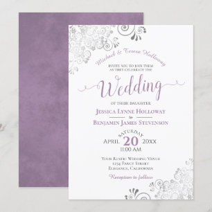 Invitation Élégant Lavande en dentelle d'argent Mariage blanc