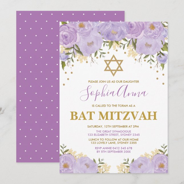 Invitation Élégant Lavande et Bat mitzvah Floral Or (Devant / Derrière)