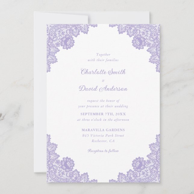 Invitation Élégant Lavande Floral Mariage de dentelle (Devant)