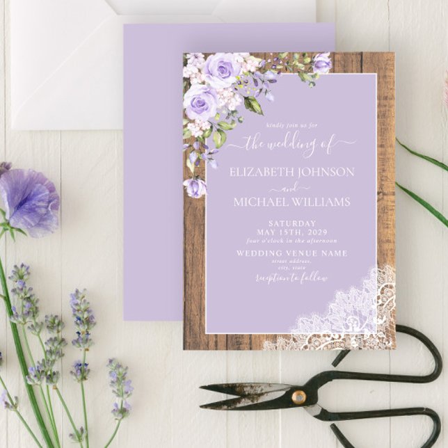 Invitation Élégant Lavande Lilac Rustique Mariage de dentelle (Créateur téléchargé)