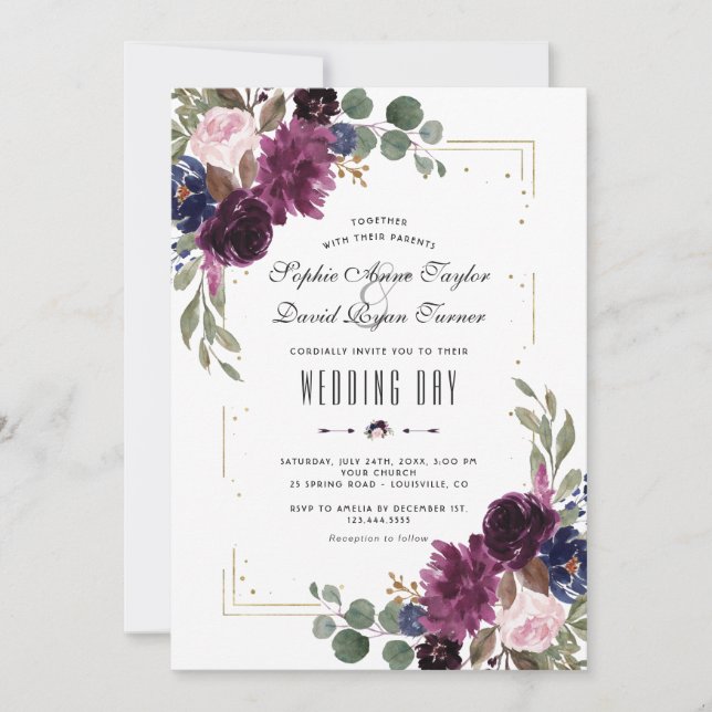 Invitation Élégant Lavande Marine bleu Floral Mariage or (Devant)
