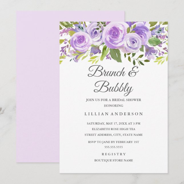 Invitation Élégant Lavande Rose Floral Brunch Et Bubbly (Devant / Derrière)