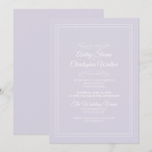 Invitation Élégant Lavande violet Mariage blanc (Devant / Derrière)