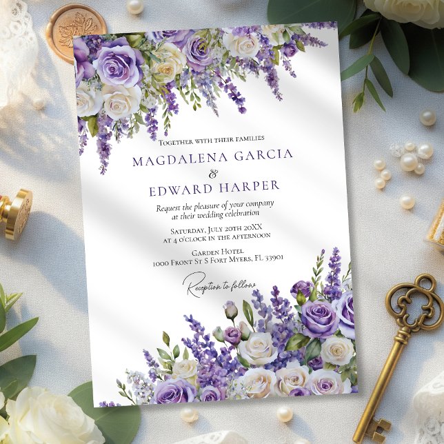 Invitation Élégant Lavande violette Rose Mariage floral (Créateur téléchargé)