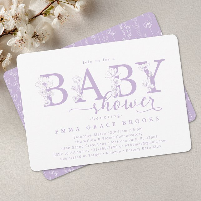 Invitation Elegant Lavender Floral Baby Shower Typography (Lavender Baby Shower Invite)