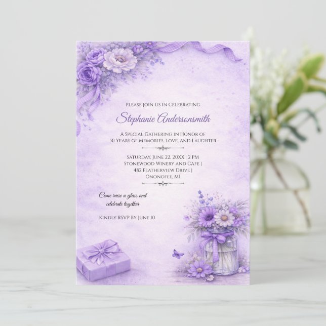 Invitation Elegant Lavender Flowers Birthday Party | (Debout devant)