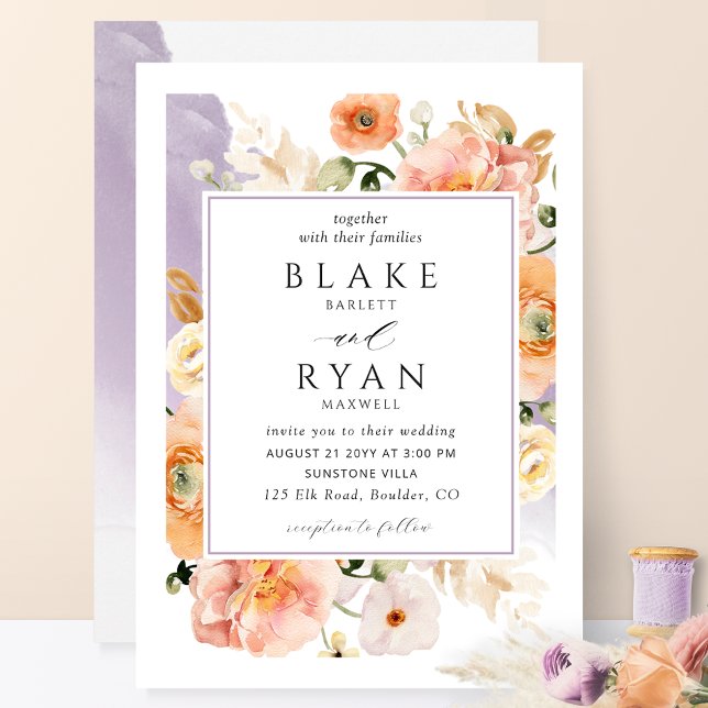 Invitation Élégant Lavender Peach Mariage botanique (Créateur téléchargé)