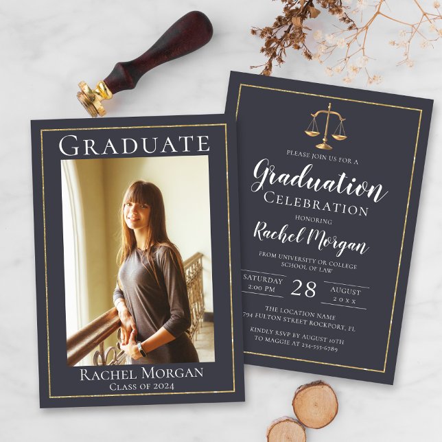 Invitation Elegant Law School Gold Justice Graduation Photo (Créateur téléchargé)