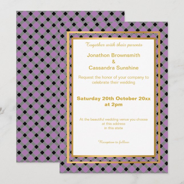 INVITATION ÉLÉGANT LAYEREN OR LAVENDER À DAMIERS MOTIF (Devant / Derrière)