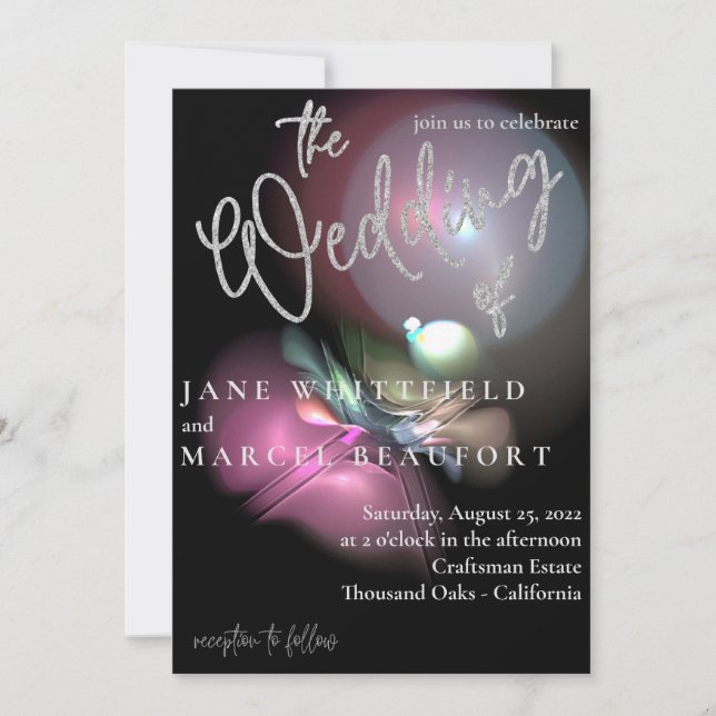 Invitation Élégant Lens Flare Argent Sparkle Script Mariage I (Devant)