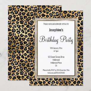 INVITATION ELÉGANT LEOPARD OR NOIR MOTIF ANNIVERSAIRE