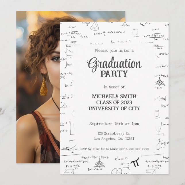 Invitation Elégant Lettrage Mat Mathématique Photo Graduation (Devant / Derrière)