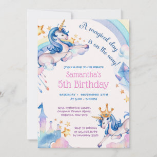 Invitation Élégant licorne arc-en-ciel diamants couronne anni