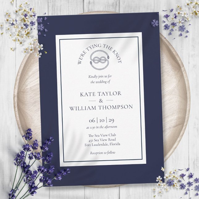 Invitation Élégant Lien Nautique Le Mariage Bleu Marine Knot (Elegant Nautical Tying The Knot Navy Blue Wedding Invitation)