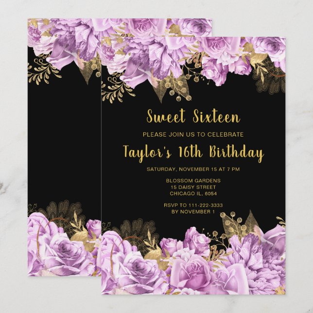 Invitation Elegant Lilac and Gold Flowers Sweet Sixteen (Devant / Derrière)