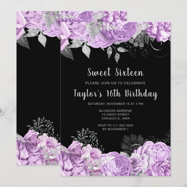 Invitation Elegant Lilac and Silver Flowers Sweet Sixteen (Devant / Derrière)